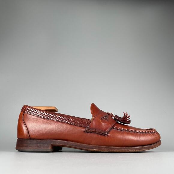 Allen Edmonds Maxfield Men\'s 9.5 D Brown Leather Woven Tassel Loafers Casual GUC